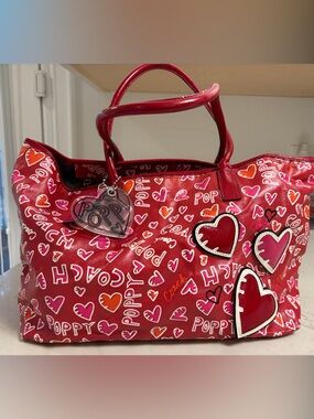 Coach Red Poppy Heart Print Tote